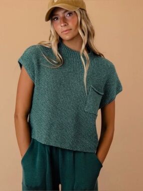 Free People Beach Freya Ribbed Knit Blue Teal Boxy Sweater Mock Neck Top Size S